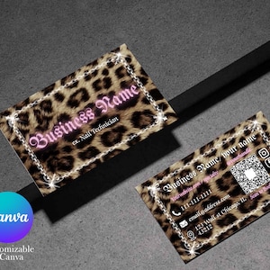 May include: Two rectangular business cards featuring a brown and black leopard print pattern. The cards are bordered by a silver chain design with sparkling accents. The text includes Business Name, Nail Technician, contact details, and a QR code.
