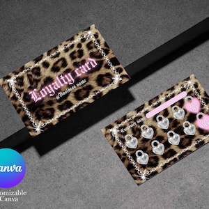 May include: Two rectangular loyalty cards featuring a brown and black leopard print pattern. The cards have a silver chain border with sparkles. One card displays the text Loyalty card and @Business name. The other has heart-shaped icons.
