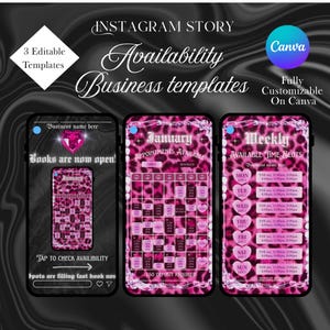 Puede incluir: Tres plantillas editables de historias de Instagram para empresas, con un diseño de estampado de leopardo rosa. Las plantillas incluyen calendarios de disponibilidad y franjas horarias, con el texto "¡Los libros ya están abiertos!" y "Toca para comprobar la disponibilidad."