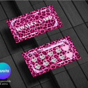 May include: Two pink leopard print loyalty cards with white text and accents. One card reads "LOYALTY CARD" and "Business name". The other card has silver heart-shaped locks and "25% OFF" icons. The Canva logo is in the corner.