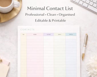 Minimal Contact List Printable | Pastel Contact Sheet (Instant Download) SoftPixellea
