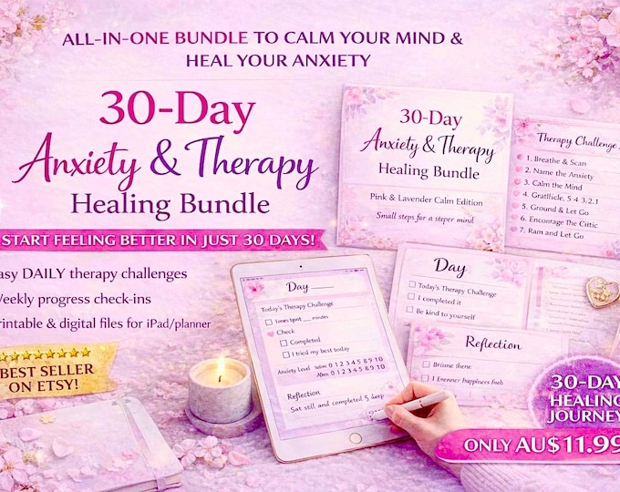 30-Day Anxiety & Therapy Healing Bundle | Self-Care Journal (Digital Download) SoftPixellea