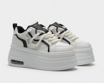 SoftSlipsy White Black Platform Sneakers, Chunky Casual Trainers, Height Increasing Sneakers