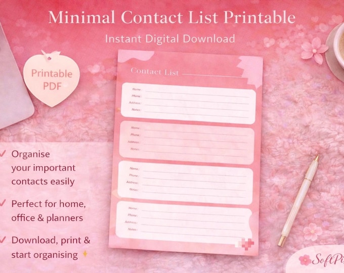 Printable Minimal Business Contact List Printable | Pastel Pink Address Book (Digital Download) SoftPixellea