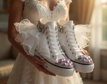 White Bridal Sneakers with Pearls, Lace, Rhinestones – Fairy Wedding Shoes