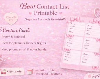 Pink Bow Contact List Printable | Address Book (Digital Download) SoftPixellea