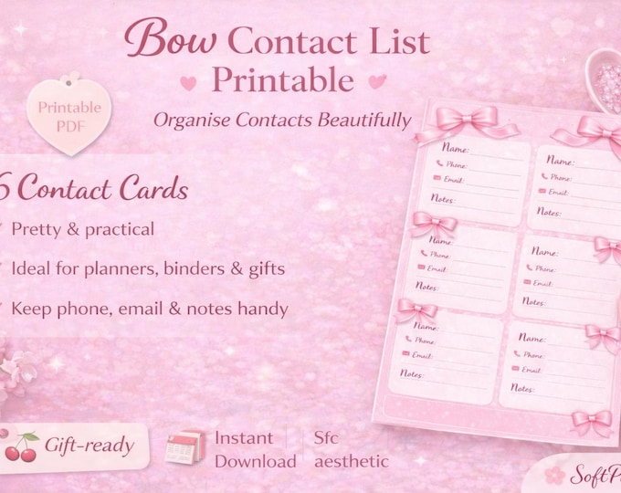 Pink Bow Contact List Printable | Address Book (Digital Download) SoftPixellea