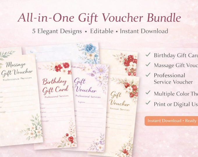 Floral Gift Voucher Bundle | Editable Birthday, Massage, Spa (Digital Download) | SoftPixellea