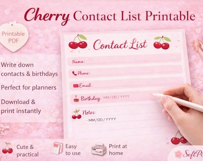 Cherry Contact List Printable | Pink Organizer (Digital Download) SoftPixellea