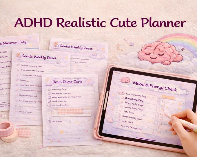 ADHD Planner | Gentle Productivity, Self-Compassion (Printable & Digital) SoftPixellea