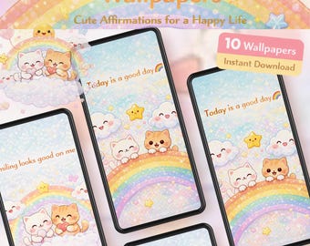 Kawaii Positive Energy Phone, tablets, iPad, Laptop Wallpapers | Pastel Cats, Rainbows (Instant Download) SoftPixellea