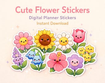 Kawaii Flower Stickers for Digital Planner | Pastel Floral Stickers | Instant Download | SoftPixellea