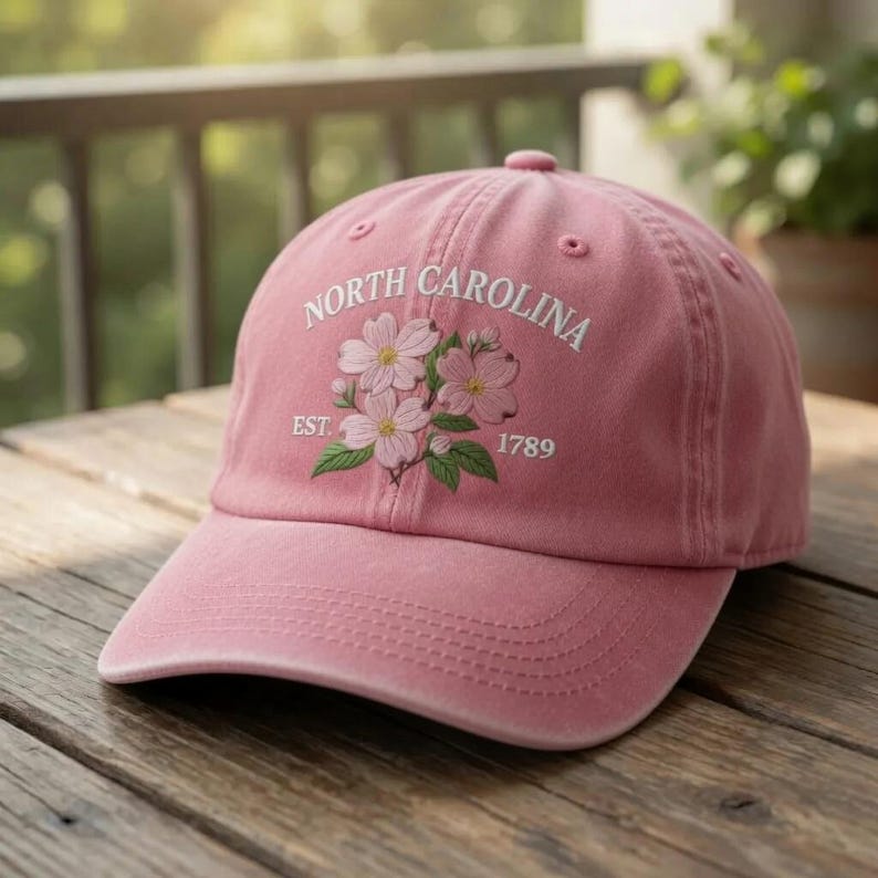 Op de afbeelding: Een stoffen roze baseballcap met de tekst "North Carolina" in witte borduursels, een bloemenontwerp en het jaar "1789". De cap is gemaakt van een zacht materiaal en heeft een gebogen klep.