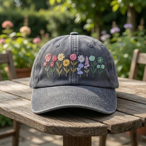 May include: A gray baseball cap with an embroidered floral design. The flowers are in various colors, including pink, yellow, and blue. The cap is sitting on a wooden table outdoors.