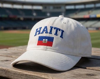 Haiti Flag Embroidered Dad Hat | White Baseball Cap | Haitian Pride Gift | Caribbean Country Travel Cap | Unisex Sun Hat