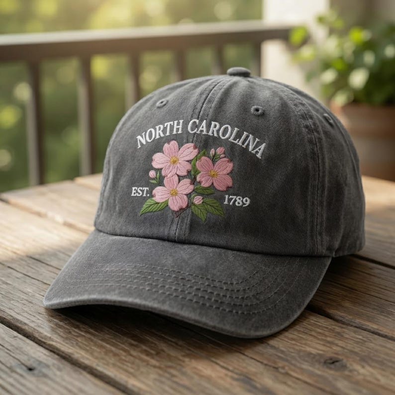 Op de afbeelding: Een donkergrijze baseballcap met de tekst "NORTH CAROLINA" in witte letters geborduurd boven een bloemenontwerp. Het ontwerp toont roze bloemen en groene bladeren. De tekst "EST. 1789" is ook op de cap geborduurd.