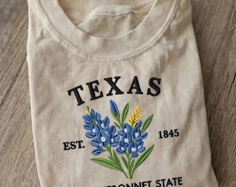Texas State Flower Shirt, Bluebonnet Embroidered T-Shirt, The Bluebonnet State Est 1845, Texas Gift for Her, Minimalist Wildflower Tee