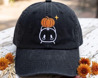 Pumpkin Head Ghost Embroidered Dad Hat, Halloween Season Star Washed Baseball Cap Gifts