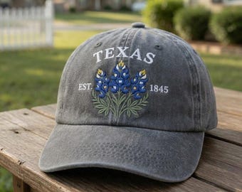 Texas Hat, Embroidered Bluebonnet State Flower Baseball Cap, Texas 1845 Est Gift, Blue Floral Dad Hat, TX Souvenir, Lone Star State Gift