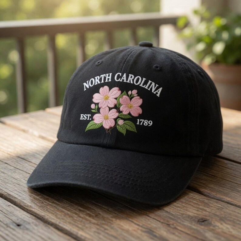 Op de afbeelding: Zwarte baseballpet met geborduurde roze bloemen en groene bladeren. De tekst "NORTH CAROLINA EST. 1789" is boven het bloemmotief gebogen. De pet is gemaakt van een zacht materiaal en heeft een gebogen klep.