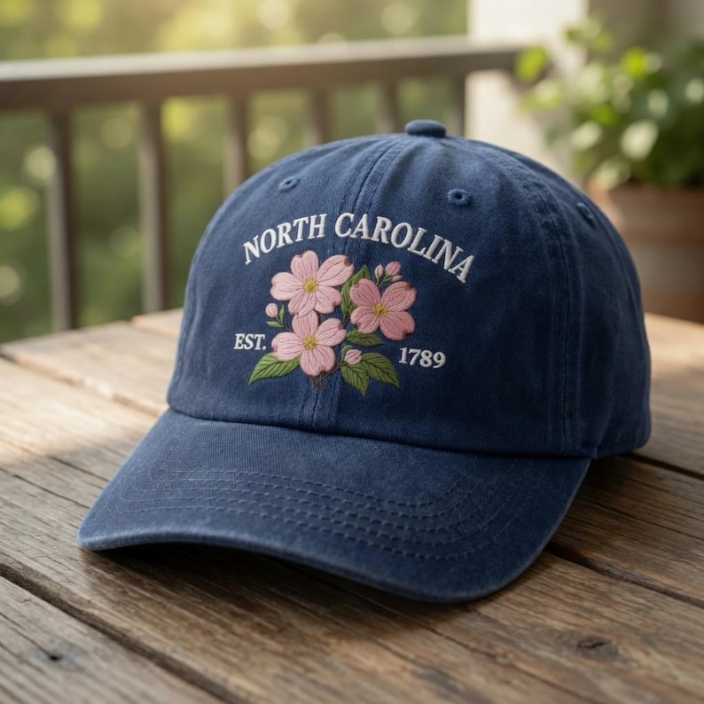 Op de afbeelding: Marineblauwe baseballcap met geborduurde roze bloemen en groene bladeren. De tekst "NORTH CAROLINA" staat boven het bloemmotief, met "EST. 1789" eronder. De cap ligt op een houten oppervlak.