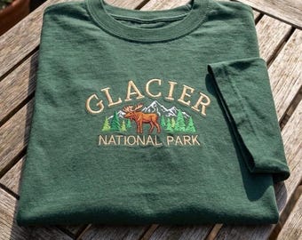 Vintage Glacier National Park Shirt | Forest Green Embroidered Tee Retro Mountain Moose T-Shirt | Montana Travel Gift | Hiking Outdoors Top