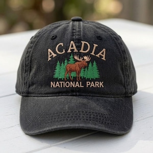 Vintage Acadia National Park Hat | Black Embroidered Moose Dad Cap | Maine Travel Souvenir | Retro Pine Tree Mountain Hiking Outdoor Gift