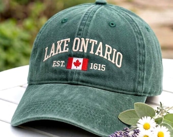 Embroidered Lake Ontario Hat, Canada Flag Dad Cap, Vintage Washed Cotton Baseball Hat, Great Lakes Souvenir Gift, Travel Vacation Cap