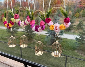 Floral Hanging Hoop with Pearl Chain & Golden Birdcage Lanterns Mehndi Wedding Decor 2 ft