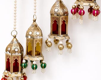 Handcrafted Hanging Metal Lantern with Pearl Chain – Traditional Mehndi & Wedding Decor. 1.5 ft
