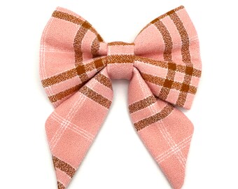 Peach Plaid Flannel Sailor Dog Bow