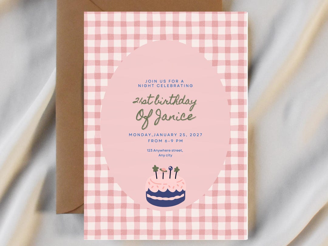 Pink Gingham Birthday Invitation Template, Sweet Cake Birthday Party ...