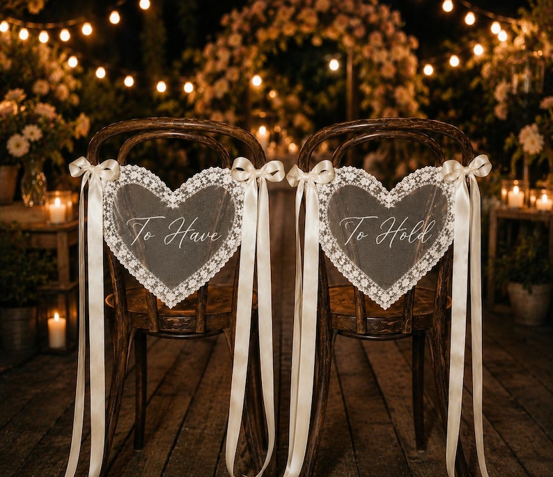 May include: Two dark wood chairs featuring heart-shaped lace decorations attached with cream-coloured satin ribbons. The left heart displays the text To Have, and the right heart displays the text To Hold, both written in a white cursive script font.