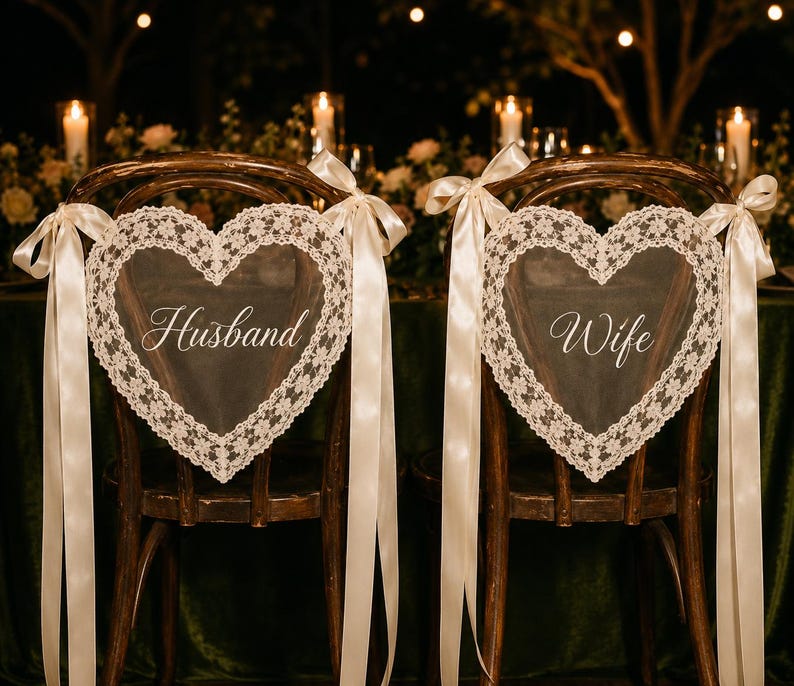 May include: Two heart-shaped chair decorations made of sheer white fabric with intricate lace borders. Each piece features long satin ribbons tied to the chair backs. The left decoration has the word Husband and the right has the word Wife in script.