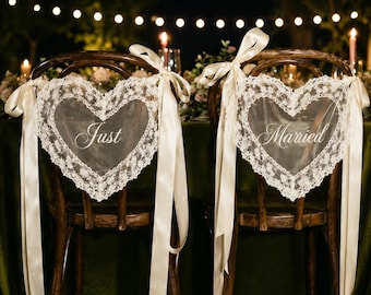 Just Married – Heart Sign Lace Chair Banners, Sheer Wedding Reception Decor