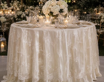 Romantische Spitzen Overlay Tischdecke mit Satin Basis, Runde Drapierte Tischwäsche für Kuchen Tisch und Champagner Turm