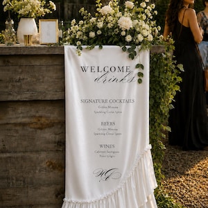Custom Silk Bar Sign Wedding Drink Menu Draped Luxury Satin Banner Signature Cocktails Elegant Boho Reception Decor