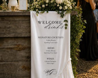 Enseigne de bar en soie personnalisée, menu de boissons de mariage, bannière drapée en satin de luxe, cocktails signature, décor de réception bohème élégant
