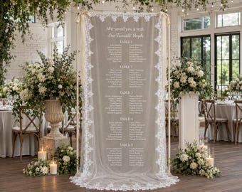 Plan de table de mariage personnalisé en dentelle avec calligraphie minimaliste, design de bienvenue