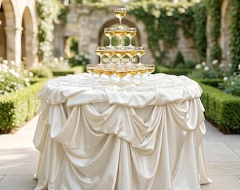 Mantel de lujo para bodas con suave drapeado de satén para la recepción con torre de champán y la decoración de la fiesta nupcial.