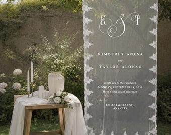 Plaque de bienvenue pour mariage personnalisée, bannière romantique en tulle avec bordure en dentelle