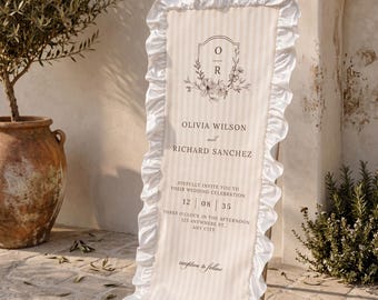 Bannière en tissu pour mariage personnalisée avec bordure à volants | Polices personnalisées et options de couleur