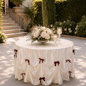Puede incluir: Una mesa redonda cubierta con un mantel de satén color crema que presenta pliegues de tela decorados con pequeños lazos de color rojo oscuro. Sobre la mesa hay un cuenco plateado con rosas blancas y follaje, junto a dos portavelas de cristal.