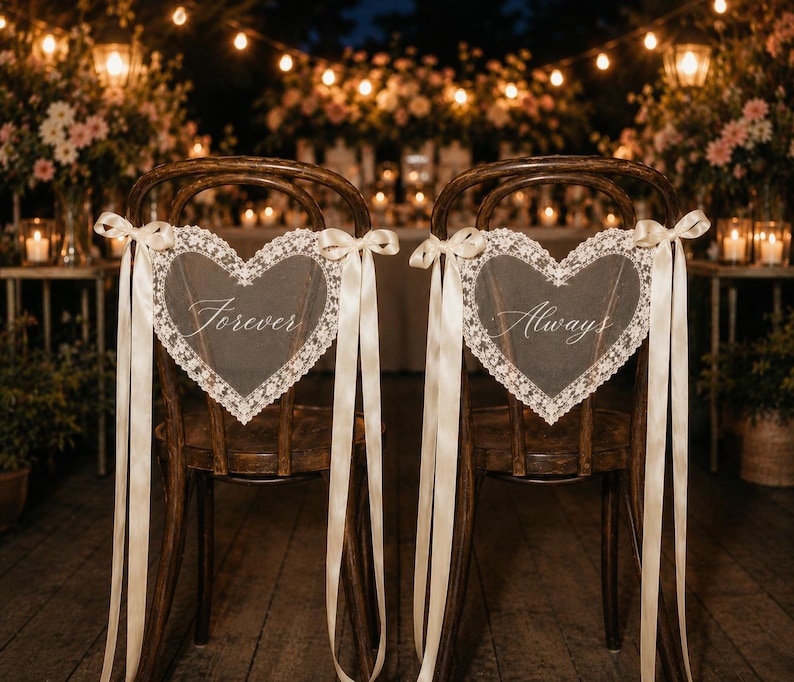 May include: Two dark wood chairs featuring heart-shaped signs with white lace trim. The left sign displays the word Forever in cursive script, and the right sign displays the word Always. Each sign is attached with long, cream-coloured satin ribbons.
