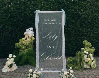 Plaque de bienvenue pour mariage personnalisée avec support, tulle transparent romantique, bannière en dentelle transparente