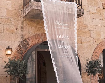 Bannière de mariage personnalisée en tulle avec bordure en dentelle, plaque de bienvenue transparente, toile de fond de cérémonie romantique