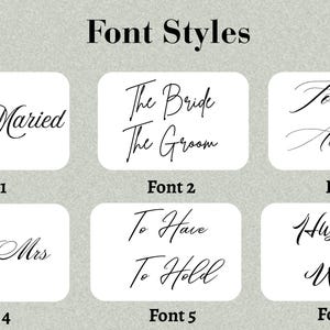 May include: A display of six distinct black script font styles on a light grey background, labelled Font 1 through Font 6. The text samples include Just Maried, The Bride The Groom, Forever Always, Mr & Mrs, To Have To Hold, and Husband Wife.