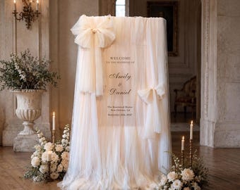 Plaque de bienvenue pour mariage en tulle personnalisée - Bannière en tissu ivoire avec noeud