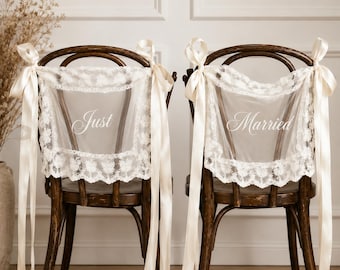 Just Married - Bannières de chaise en dentelle, décoration de réception de mariage