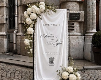 Plaque de bienvenue personnalisée pour mariage en soie royale avec code QR personnalisé - Bannière en tissu vintage ivoire